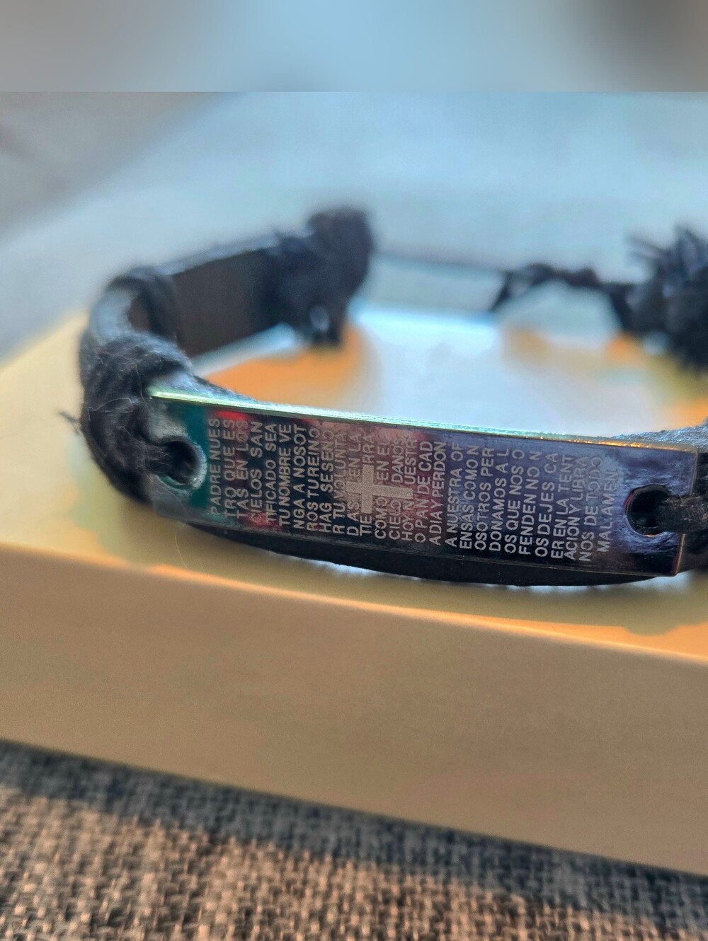 Spanish Lords Prayer Padre Nuestro Leather Bracelet Black Cord Cross Adjustable
